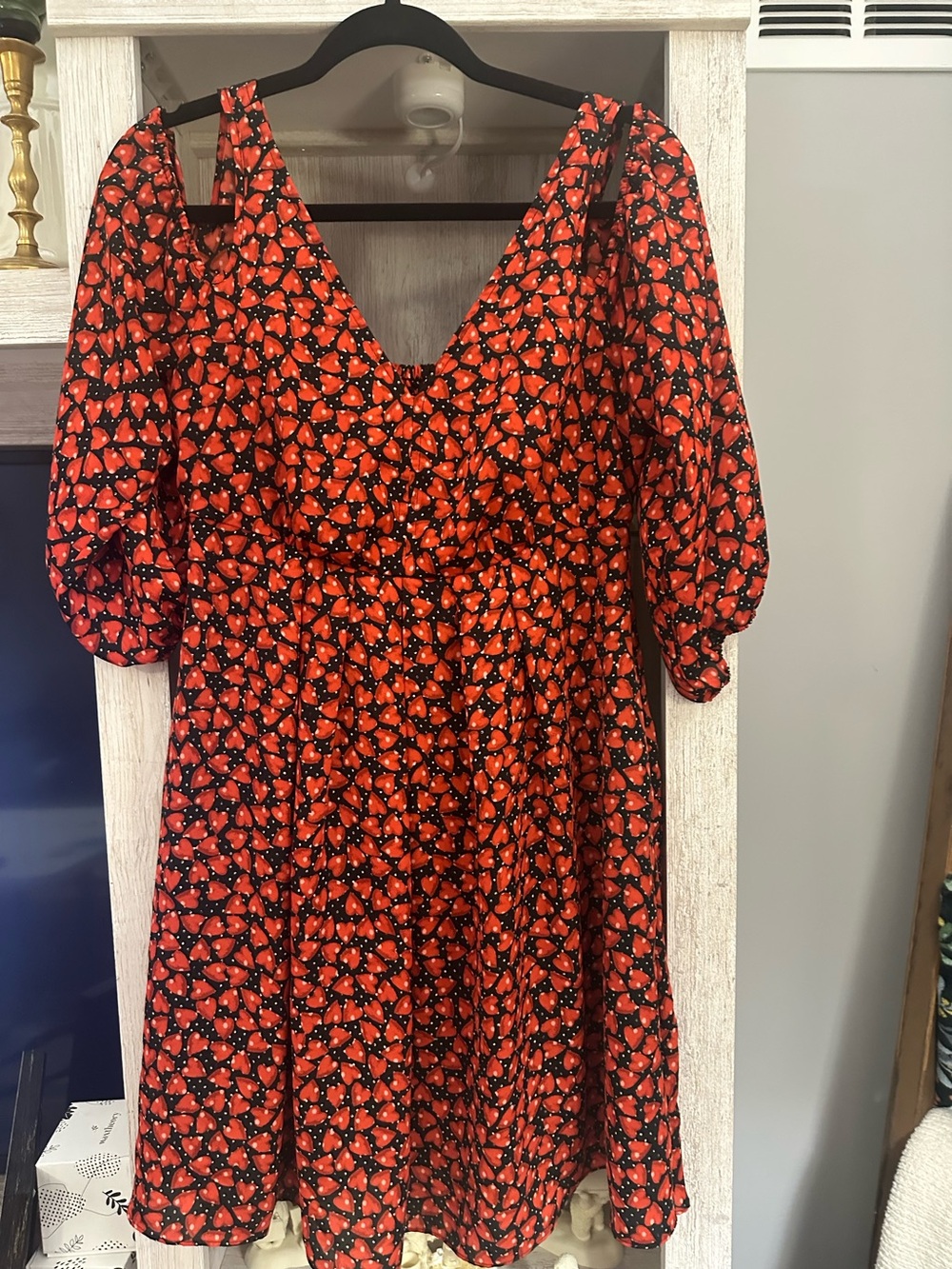 Red Floral Midi Dress with Puff Sleeves